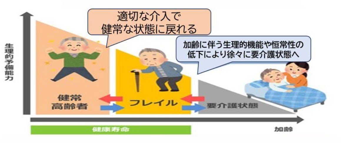 加齢により心身の機能が低下すると、健常な高齢者から『フレイル』を経て要介護状態へ進むことがあるが、早期に適切な介入を行えば健常な状態に戻れる可能性がある。